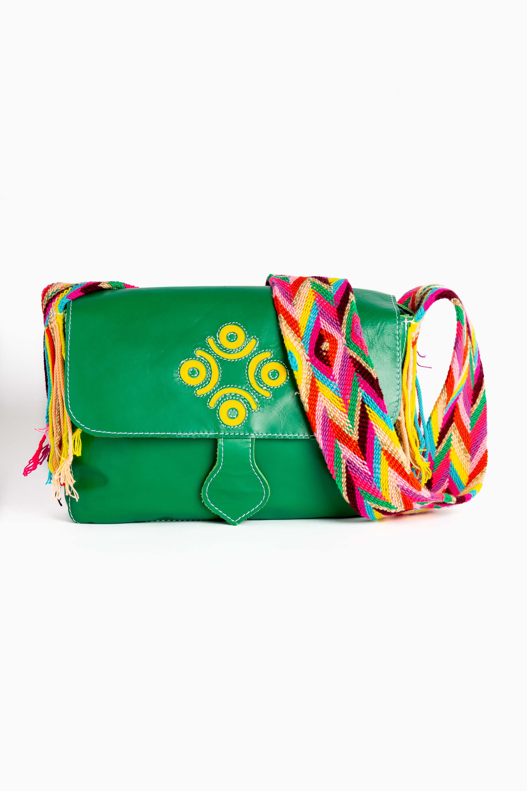 Bolso bandolera en cuero con asa Wayuu