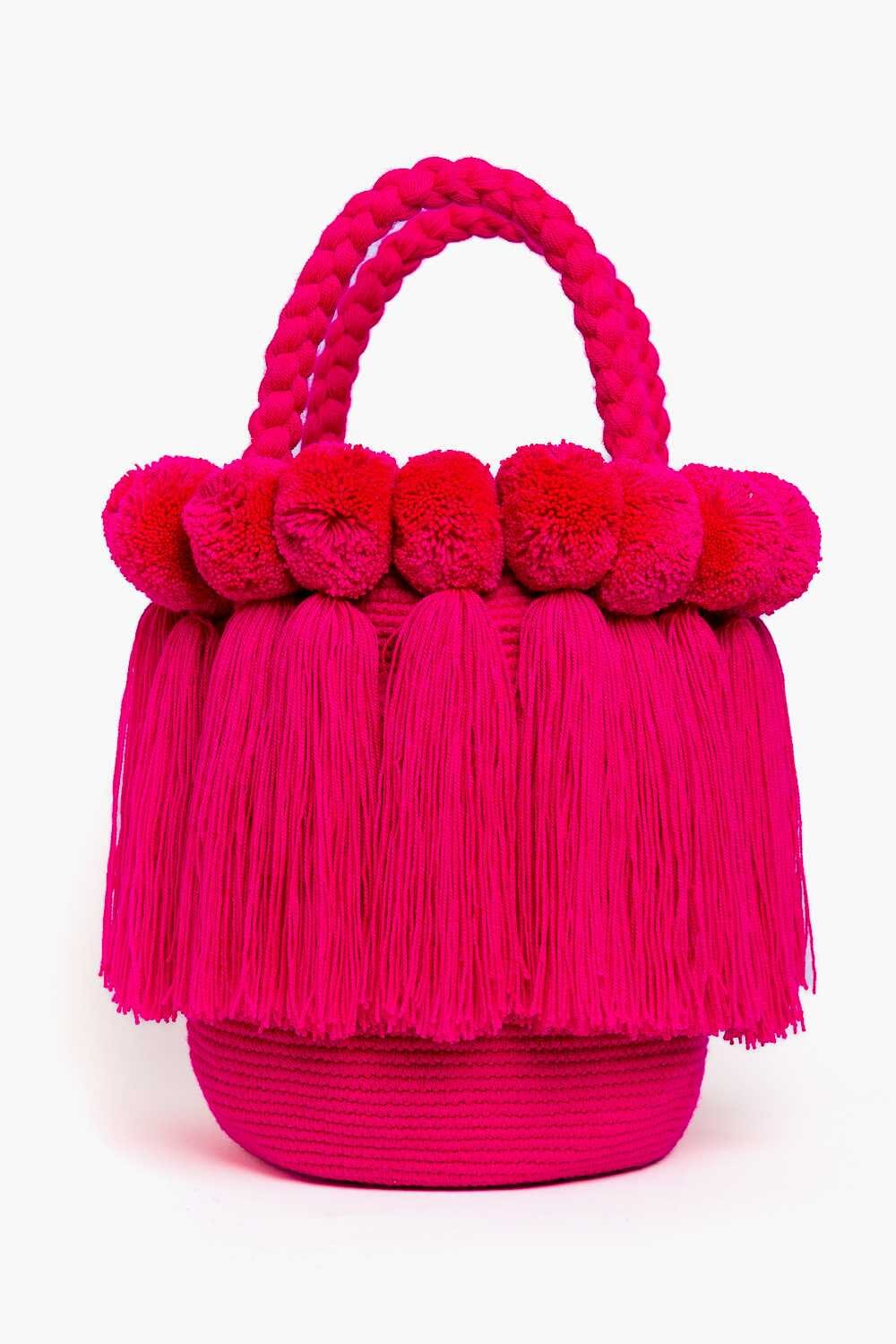 Bolso con pompones y borlas de algodón
