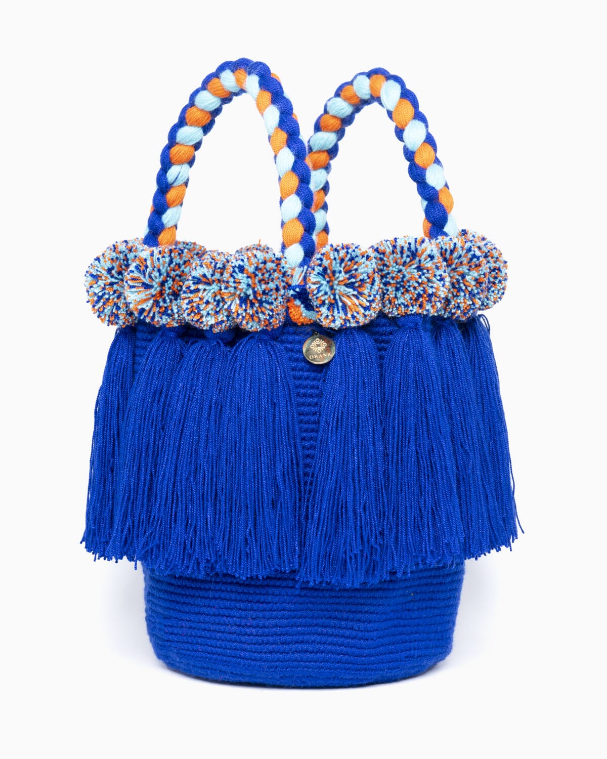 Bolso con pompones y borlas de algodón multicolor
