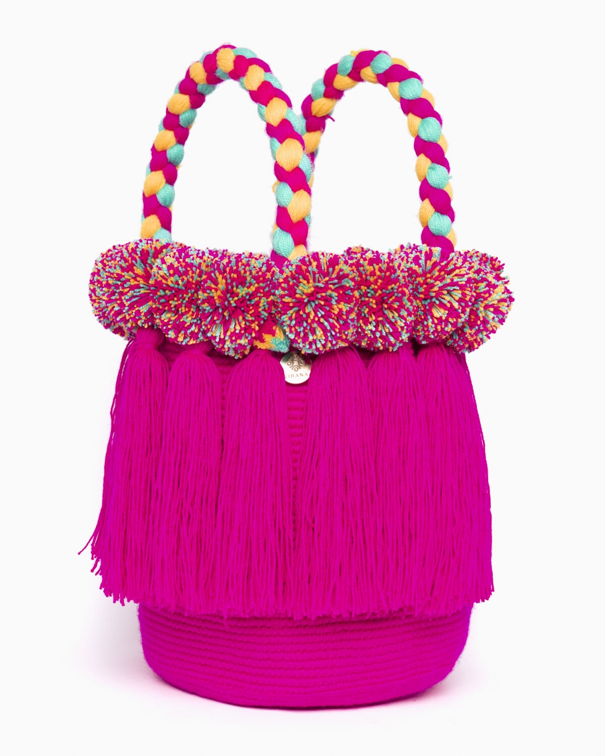 Bolso con pompones y borlas de algodón multicolor
