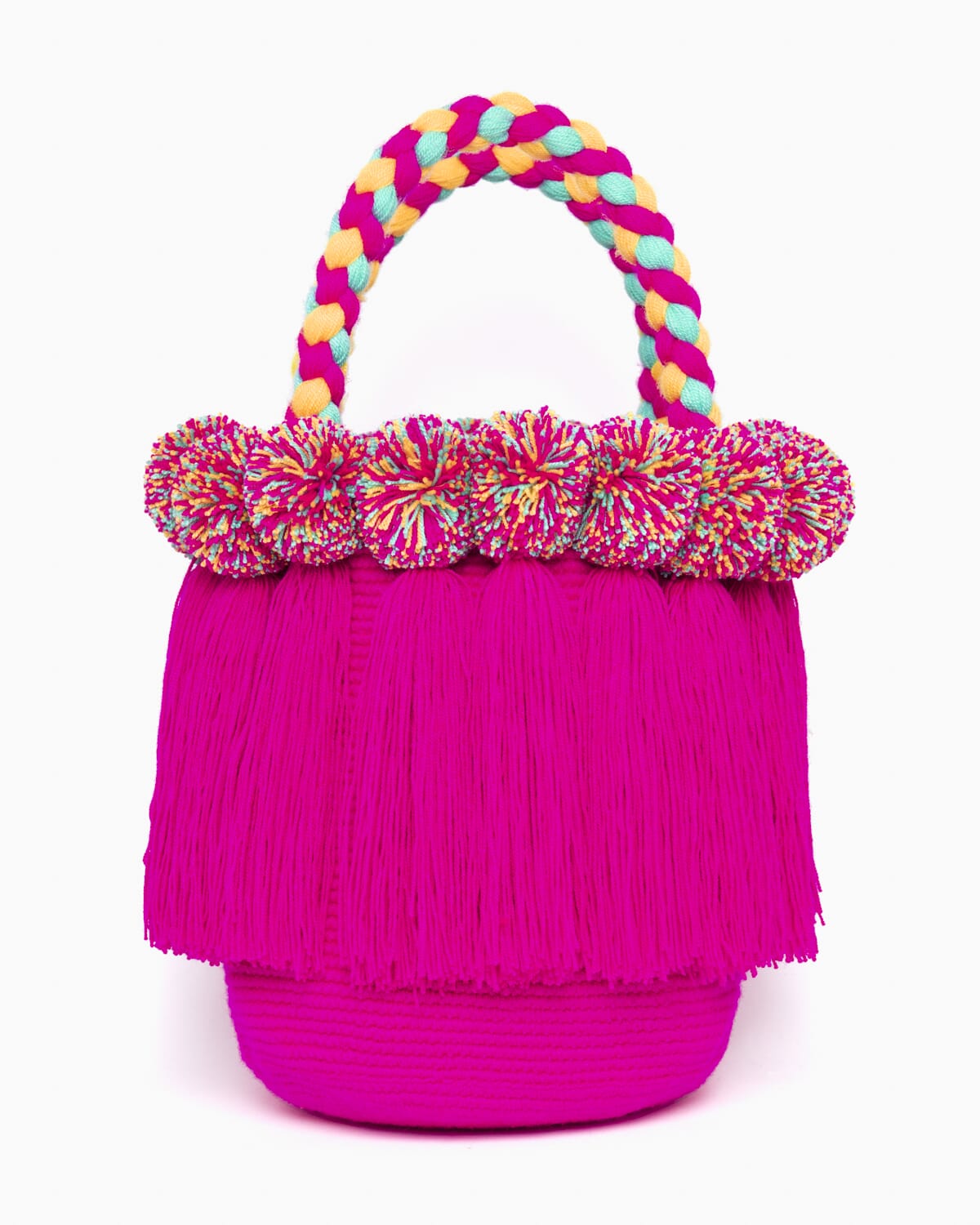 Bolso con pompones y borlas de algodón multicolor
