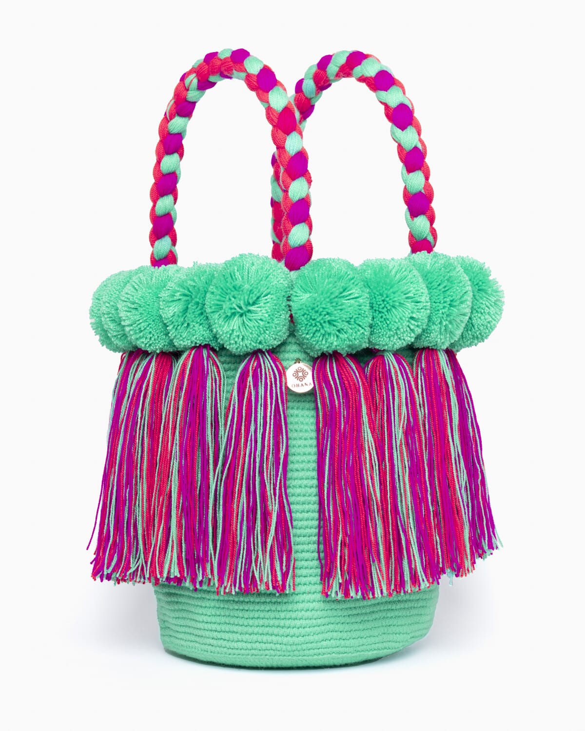 Bolso con pompones y borlas de algodón multicolor
