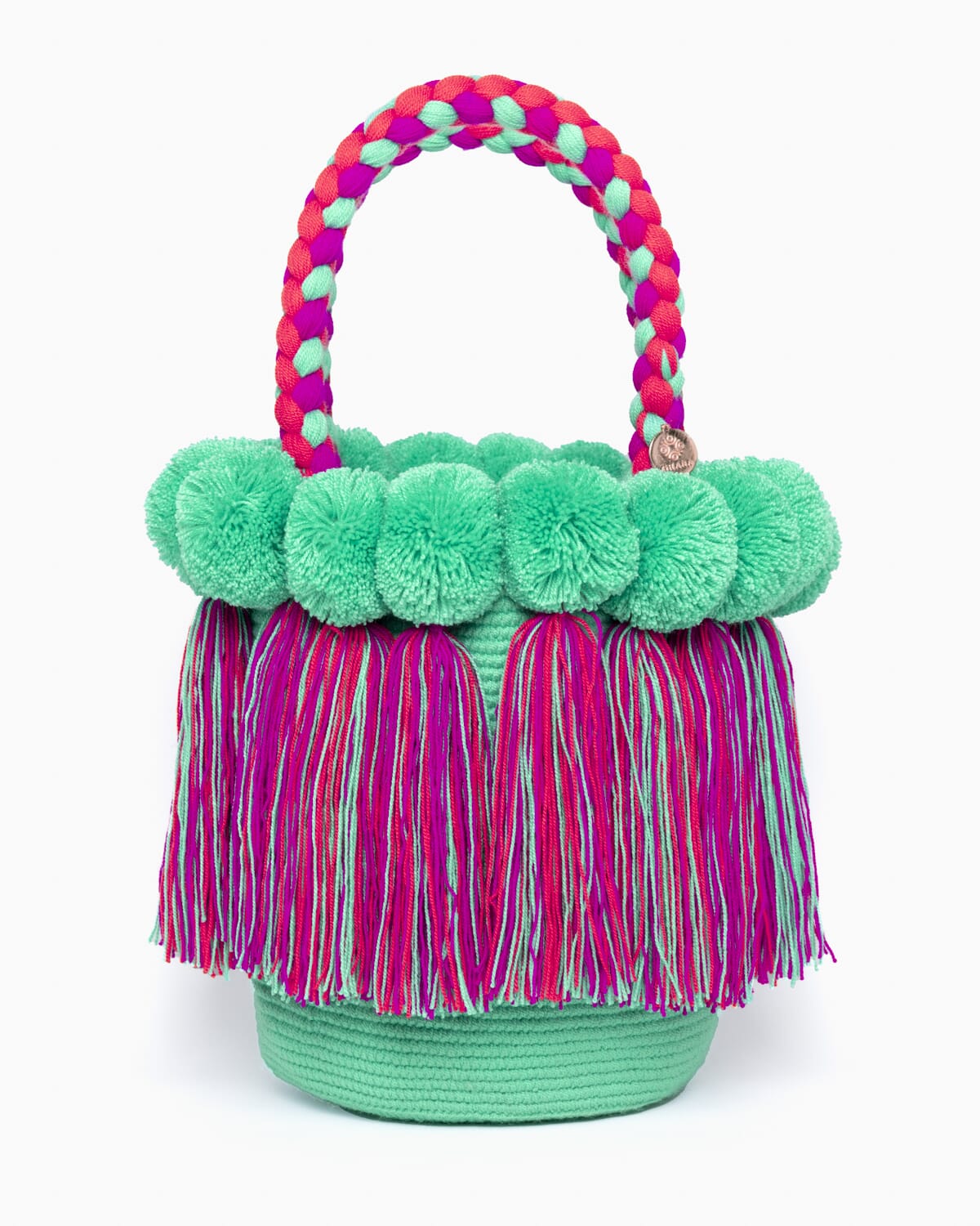 Bolso con pompones y borlas de algodón multicolor
