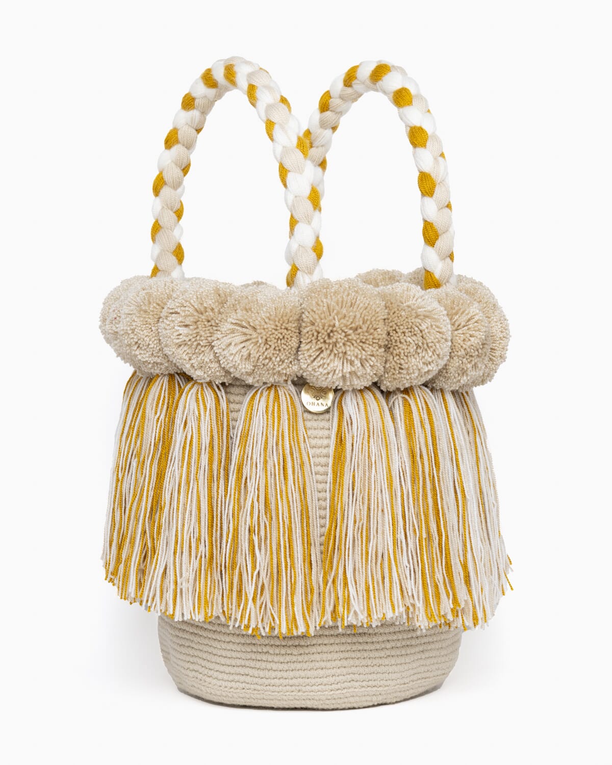 Bolso con pompones y borlas de algodón multicolor
