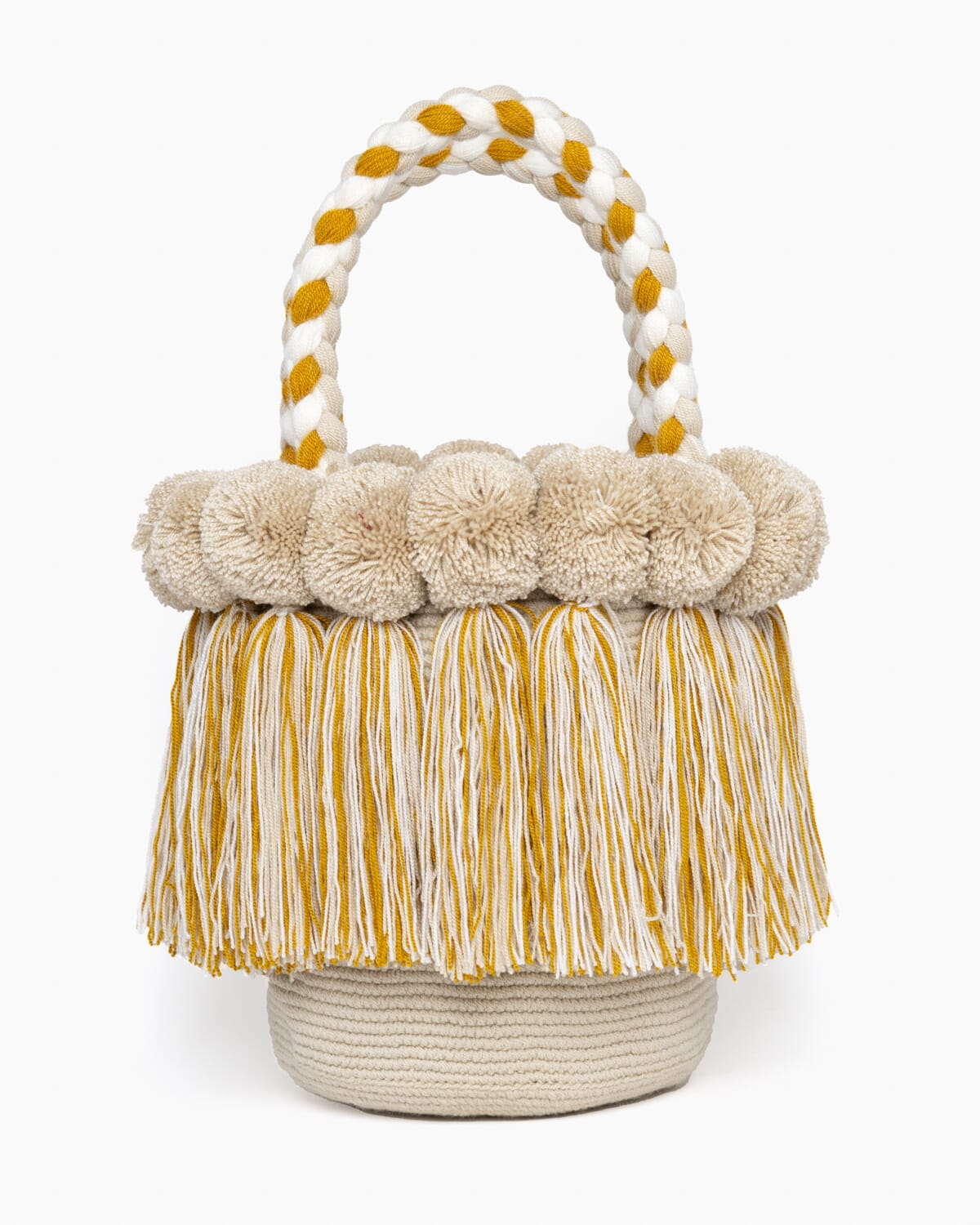 Bolso con pompones y borlas de algodón multicolor
